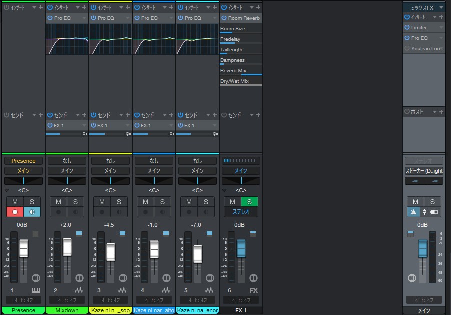 Synthesizer V Studio 2 Pro 合唱カバー「風になる」の音量バランス設定｜Studio One ミキサースクリーンショット