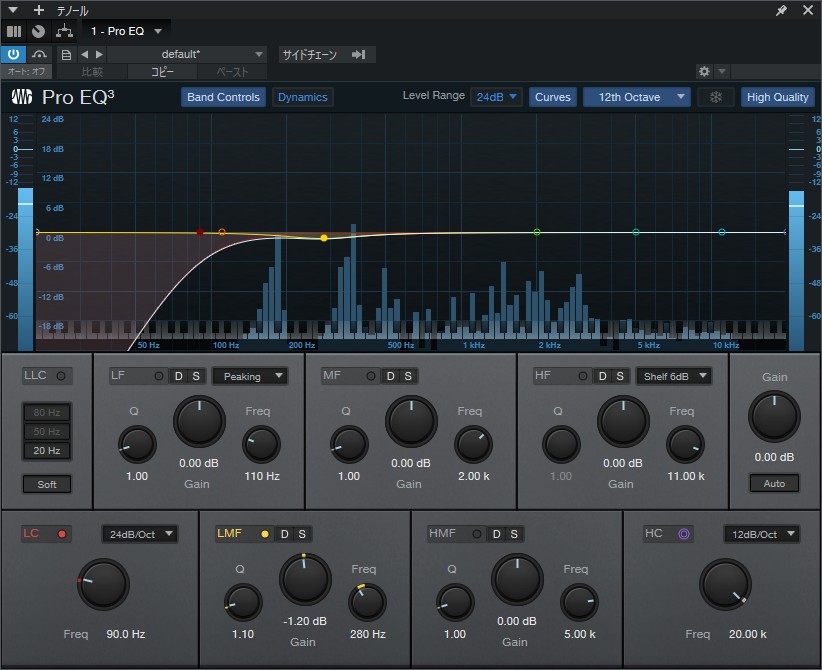 カントリーロード、テノールEQ設定(LowCut90Hz・280Hz-1.2dB・3kHz+1dB)