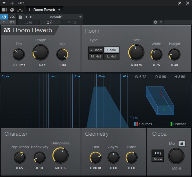 福山雅治「ひまわり」弾き語りカバーで使用したリバーブ設定｜Studio One Room ReverbでPreDelay20ms・Length1.40s・Room Size6.0mに調整し自然な空間感を作った設定画面