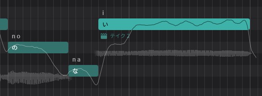 Synthesizer Vで語尾の発声エネルギー（芋）が太いままノート終端で切れている例。声が自然に減衰せずプツッと切れる状態。